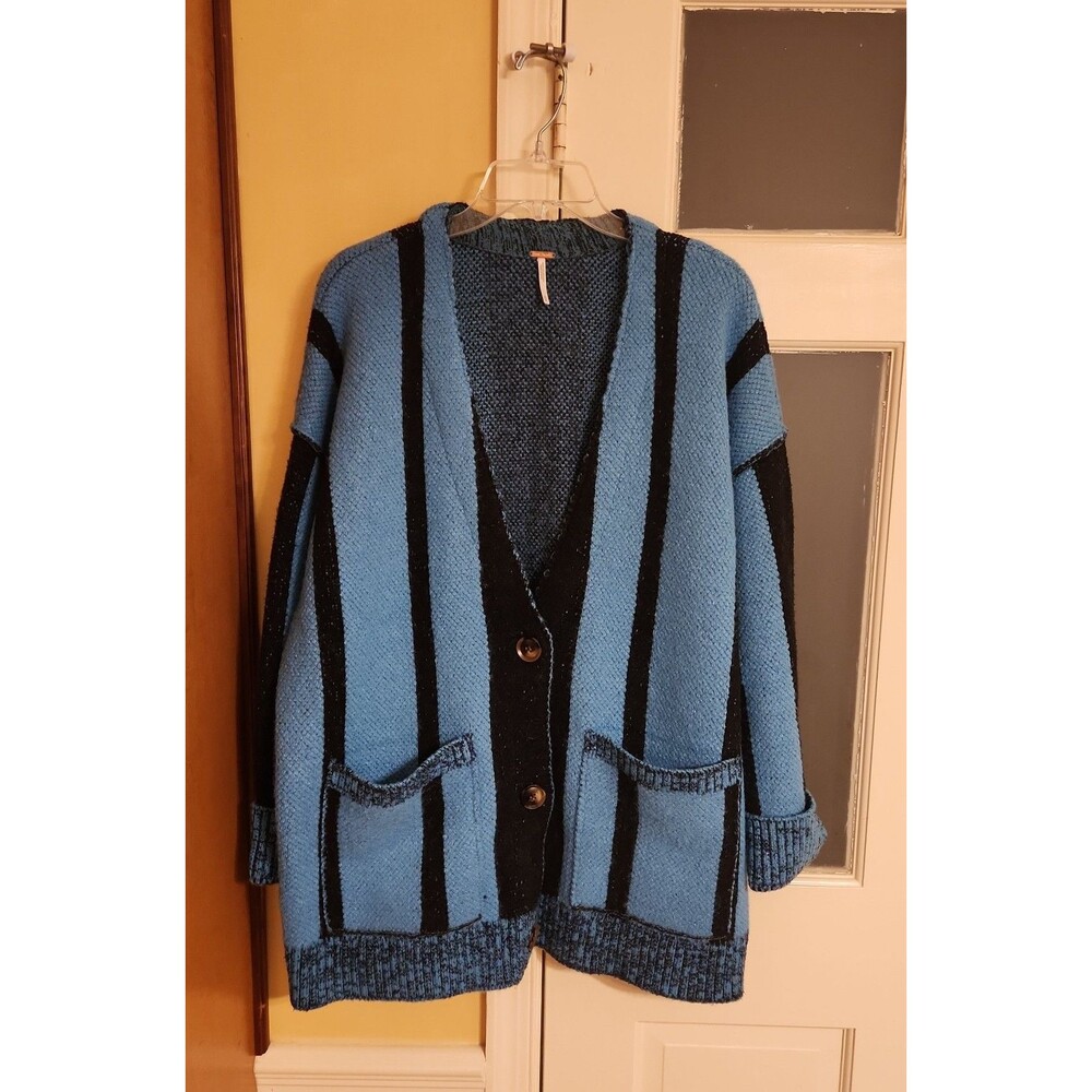 Free People Stateside Laguna Blue & Black Knit Striped Cardigan Buttons Size M